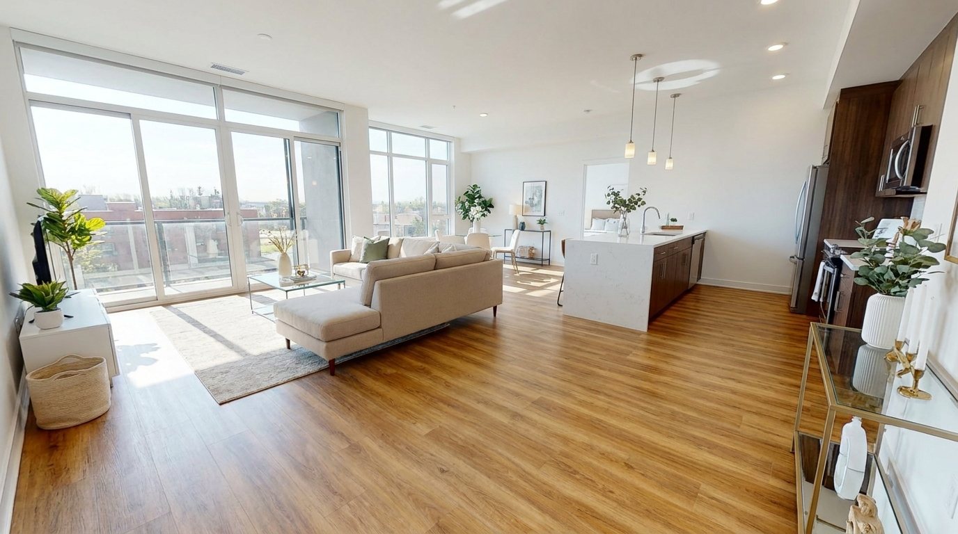 Newly installed luxury vinyl plank flooring in a bright Mesa living room
